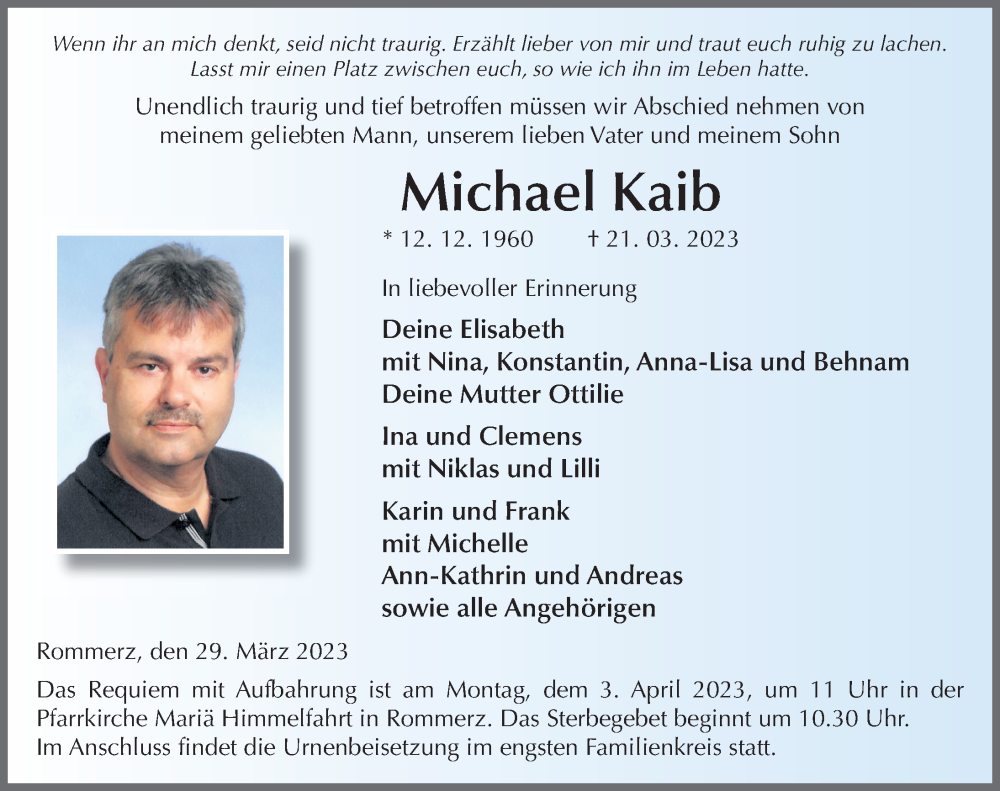  Traueranzeige für Michael Kaib vom 29.03.2023 aus FZ
