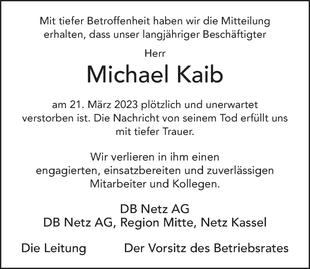  Traueranzeige für Michael Kaib vom 29.03.2023 aus FZ