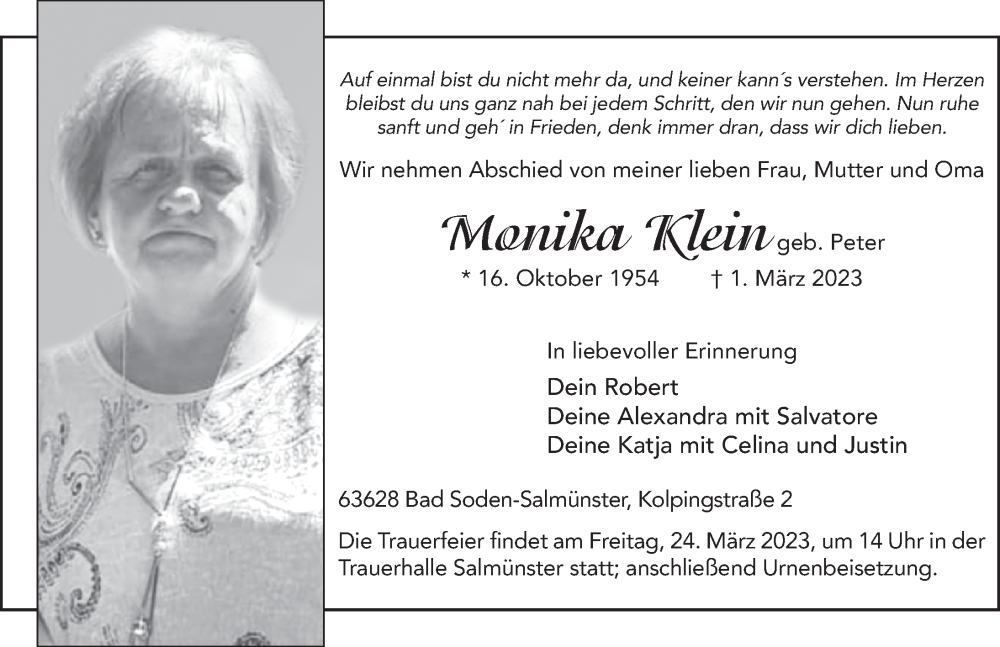  Traueranzeige für Monika Klein vom 16.03.2023 aus FZ