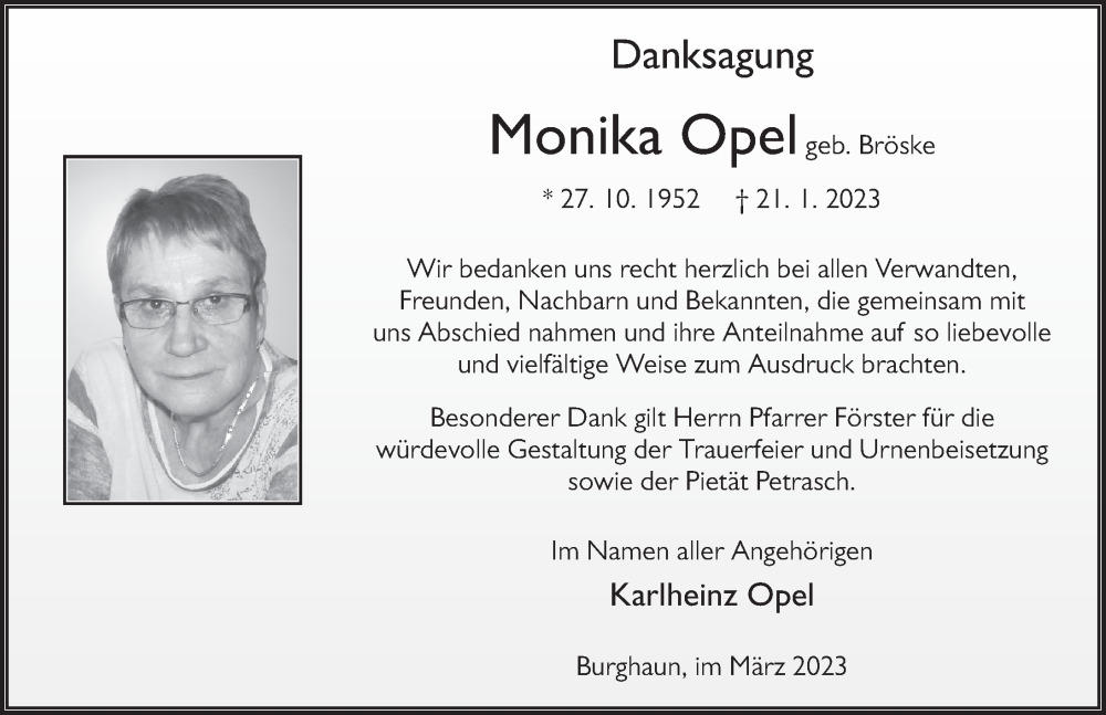  Traueranzeige für Monika Opel vom 04.03.2023 aus FZ