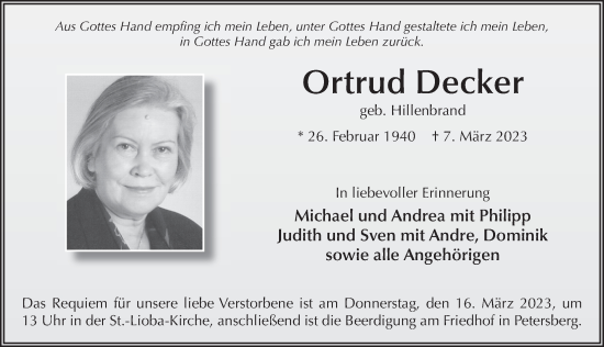 Traueranzeige von Ortrud Decker von FZ