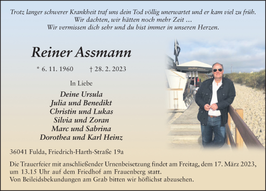Traueranzeige von Reiner Assmann von FZ