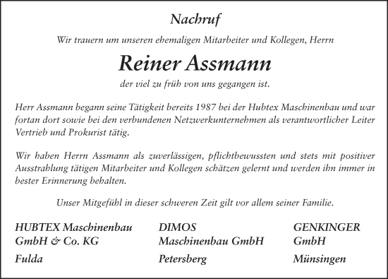 Traueranzeige von Reiner Assmann von FZ