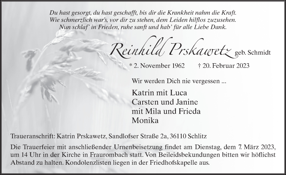  Traueranzeige für Reinhild Prskawetz vom 04.03.2023 aus FZ
