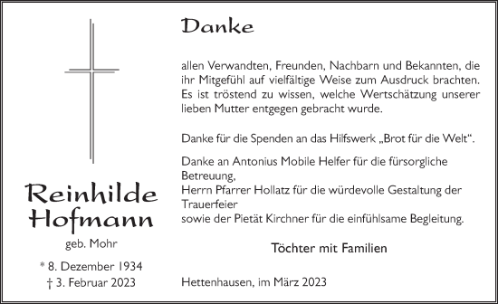 Traueranzeige von Reinhilde Hofmann von FZ