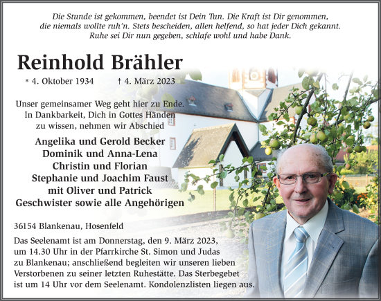 Traueranzeige von Reinhold Brähler von FZ