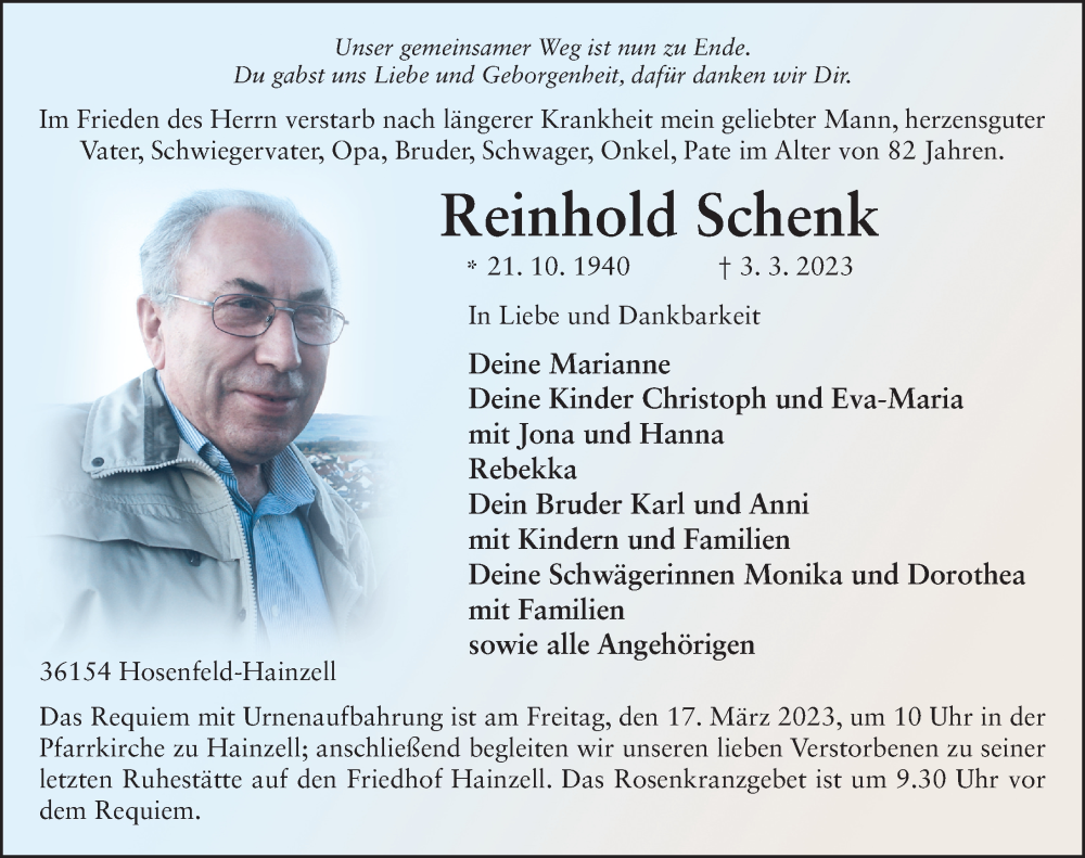  Traueranzeige für Reinhold Schenk vom 14.03.2023 aus FZ