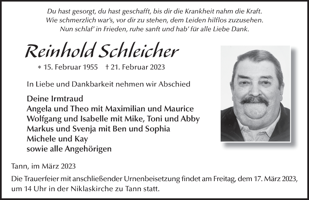  Traueranzeige für Reinhold Schleicher vom 14.03.2023 aus FZ