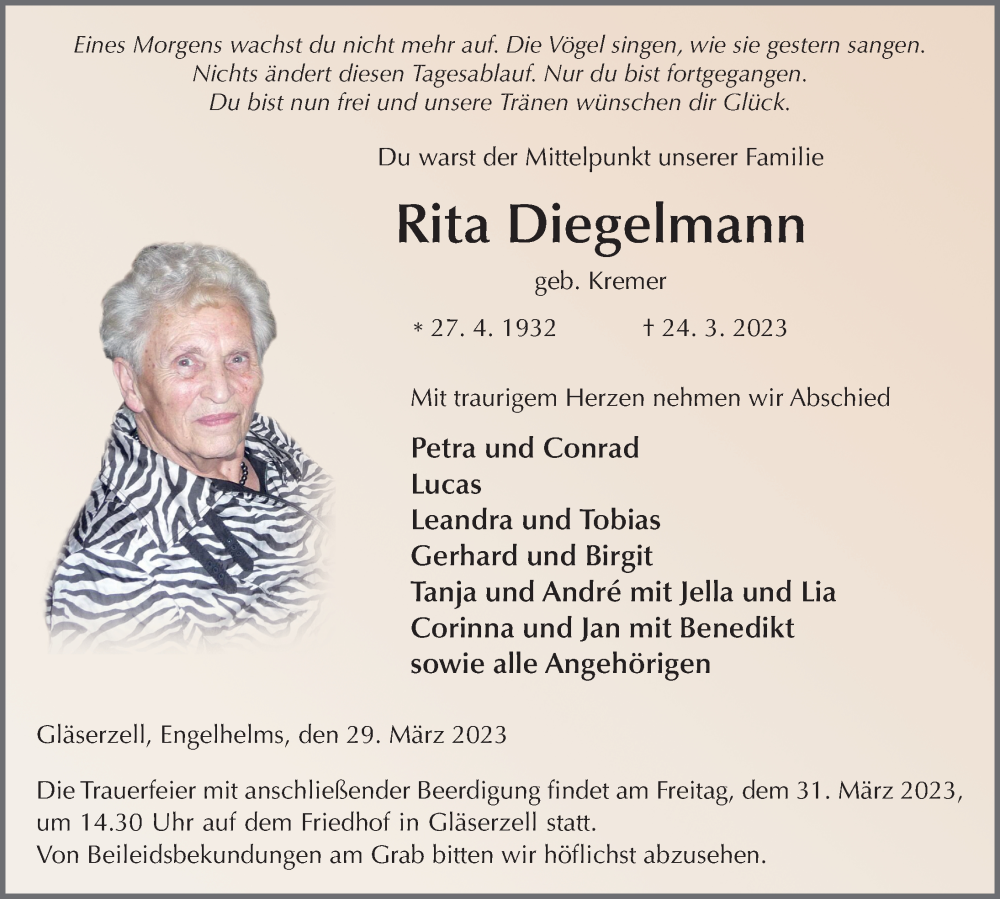  Traueranzeige für Rita Diegelmann vom 29.03.2023 aus FZ
