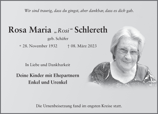 Traueranzeige von Rosa Maria Schlereth von FZ