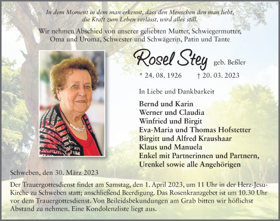 Traueranzeige von Rosel Stey von FZ