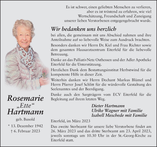 Traueranzeige von Rosemarie Hartmann von FZ