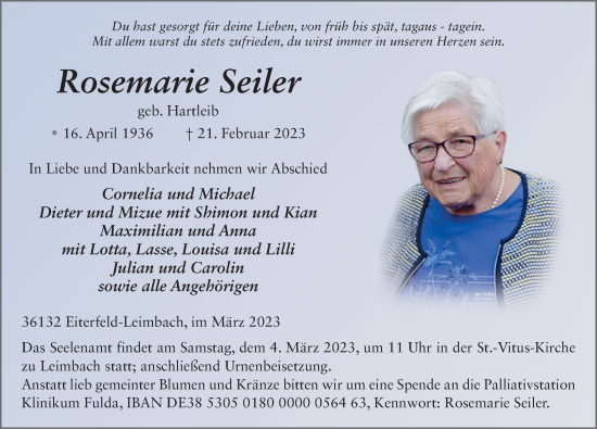 Traueranzeige von Rosemarie Seiler von FZ