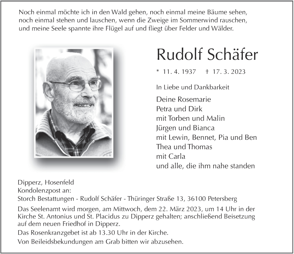  Traueranzeige für Rudolf Schäfer vom 21.03.2023 aus FZ