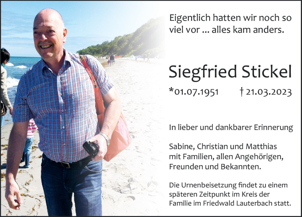  Traueranzeige für Siegfried Stickel vom 22.03.2023 aus FZ