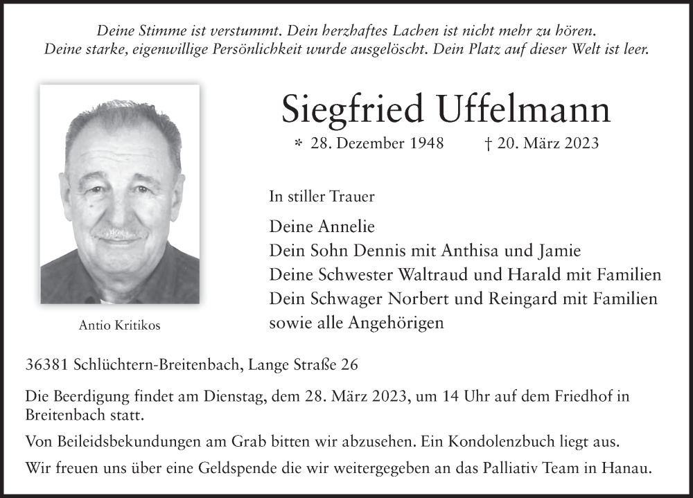  Traueranzeige für Siegfried Uffelmann vom 23.03.2023 aus FZ