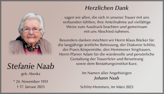 Traueranzeige von Stefanie Naab von FZ