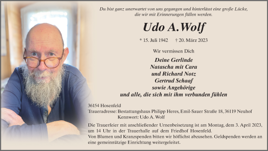 Traueranzeige von Udo A. Wolf von FZ