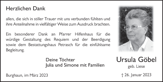 Traueranzeige von Ursula Göbel von FZ