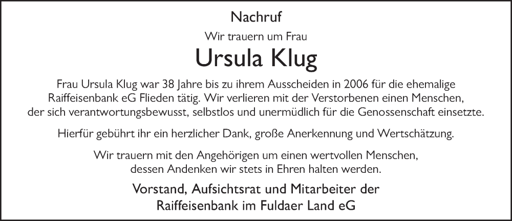  Traueranzeige für Ursula Klug vom 07.03.2023 aus FZ