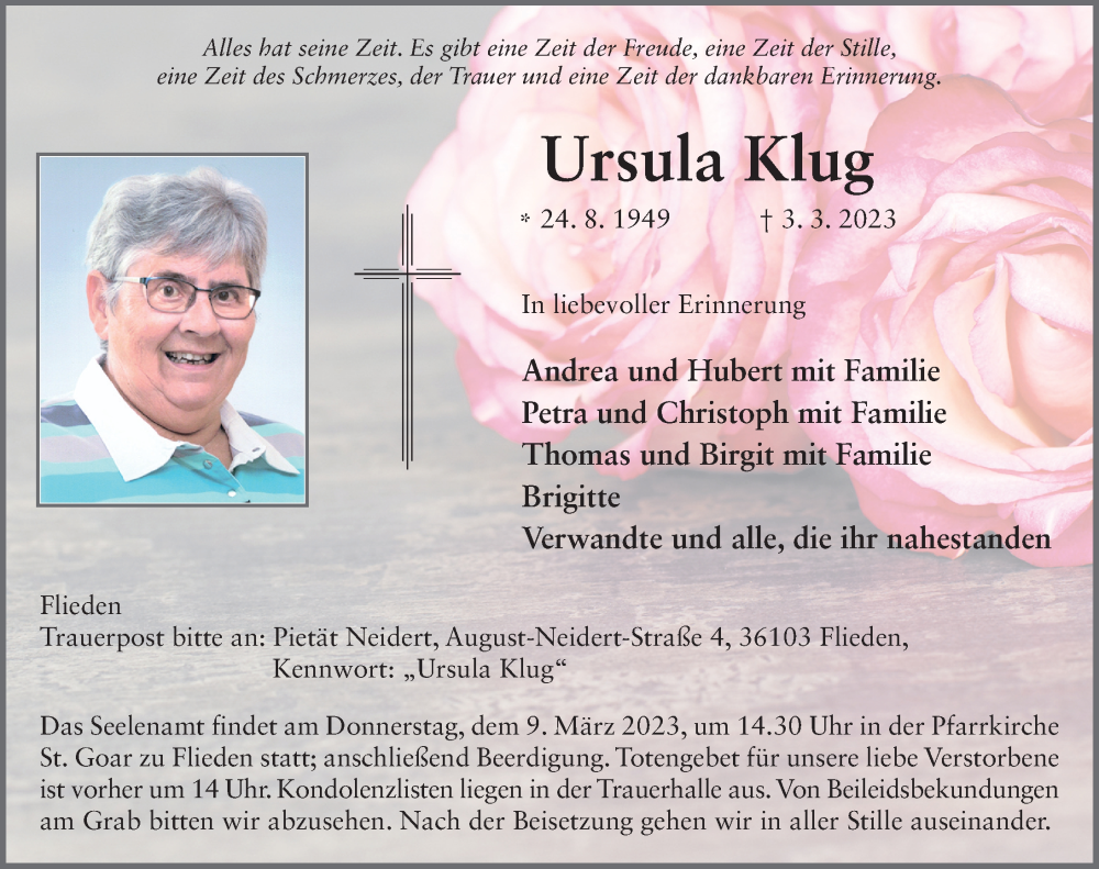  Traueranzeige für Ursula Klug vom 07.03.2023 aus FZ