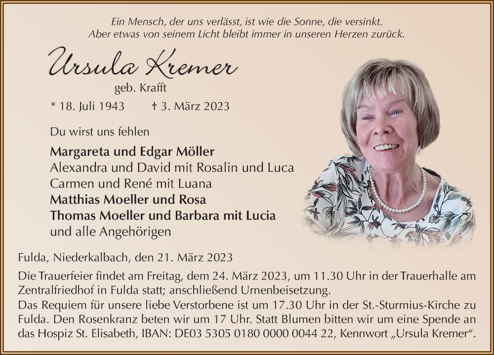  Traueranzeige für Ursula Kremer vom 21.03.2023 aus FZ