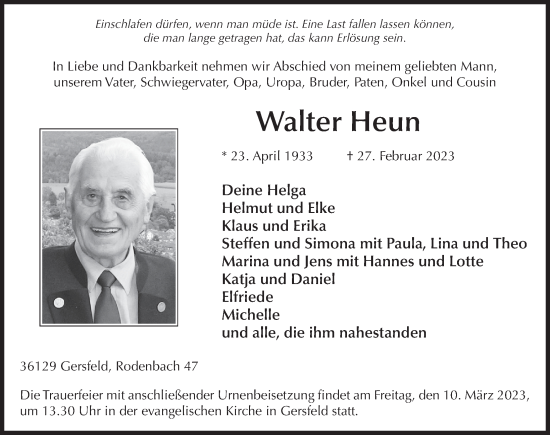 Traueranzeige von Walter Heun von FZ