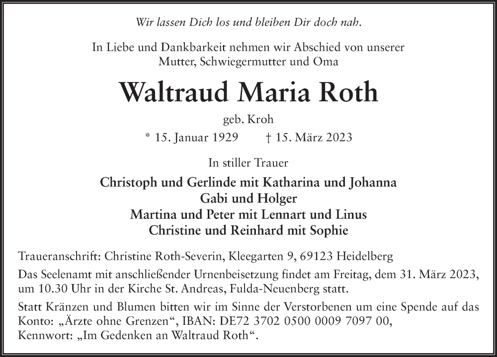  Traueranzeige für Waltraud Maria Roth vom 25.03.2023 aus FZ