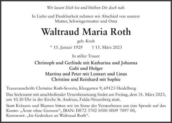 Traueranzeige von Waltraud Maria Roth von FZ