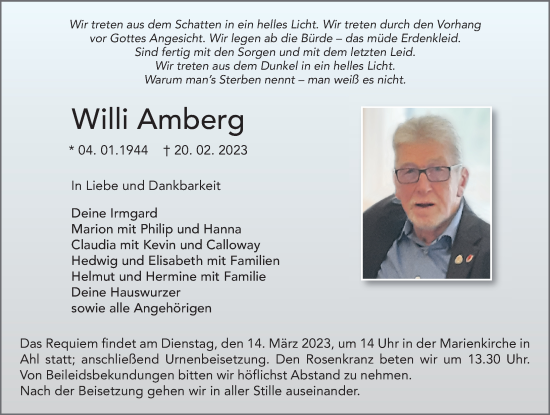 Traueranzeige von Willi Amberg von FZ