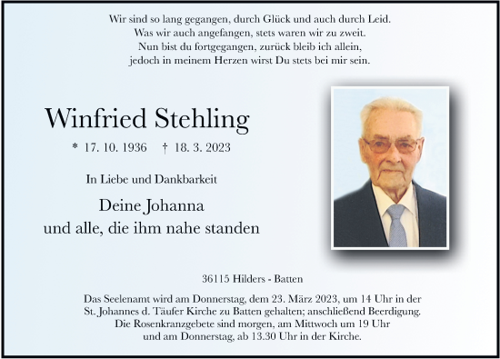 Traueranzeige von Winfried Stehling von FZ