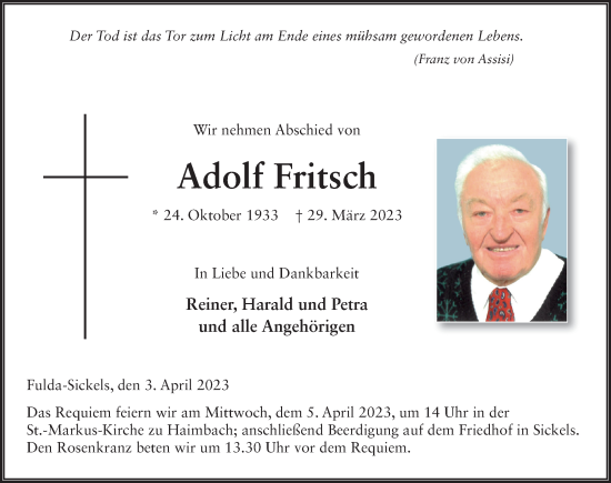 Traueranzeige von Adolf Fritsch von FZ
