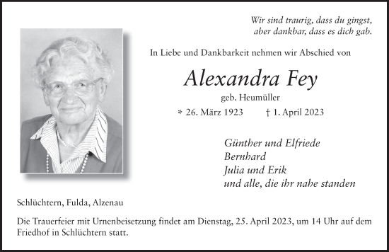 Traueranzeige von Alexandra Fey von FZ