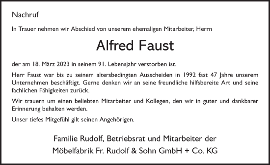 Traueranzeige von Alfred Faust von FZ