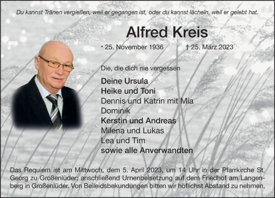 Traueranzeige von Alfred Kreis von FZ