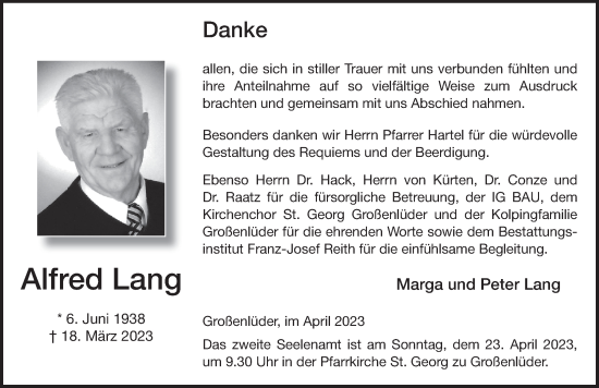 Traueranzeige von Alfred Lang von FZ