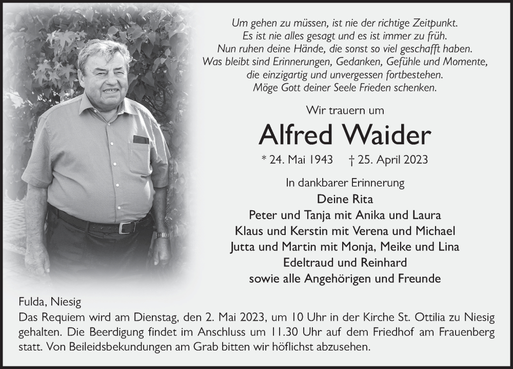  Traueranzeige für Alfred Waider vom 29.04.2023 aus FZ