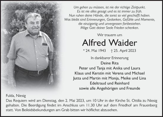 Traueranzeige von Alfred Waider von FZ