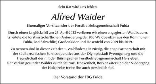 Traueranzeige von Alfred Waider von FZ