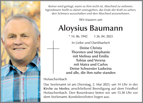 Traueranzeige von Aloysius Baumann von FZ