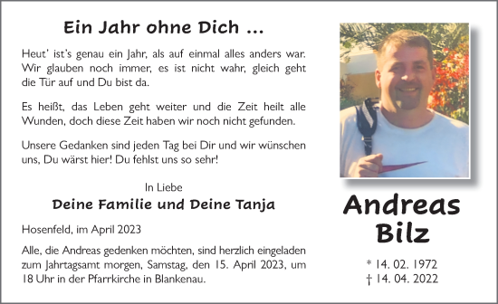 Traueranzeige von Andreas Bilz von FZ