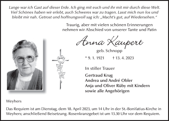 Traueranzeige von Anna Kaupert von FZ