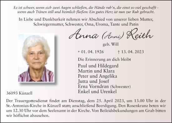 Traueranzeige von Anna Reith von FZ