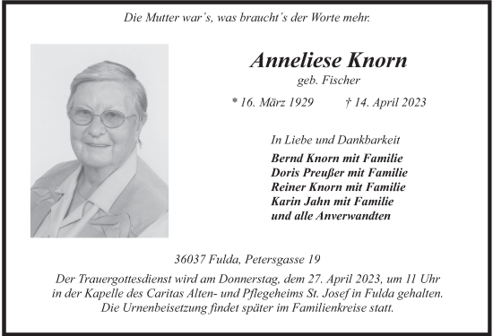 Traueranzeige von Anneliese Knorn von FZ
