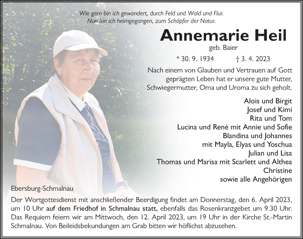  Traueranzeige für Annemarie Heil vom 05.04.2023 aus FZ