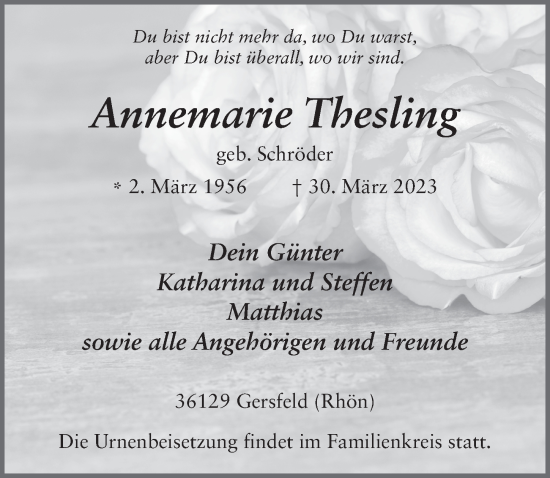 Traueranzeige von Annemarie Thesling von FZ