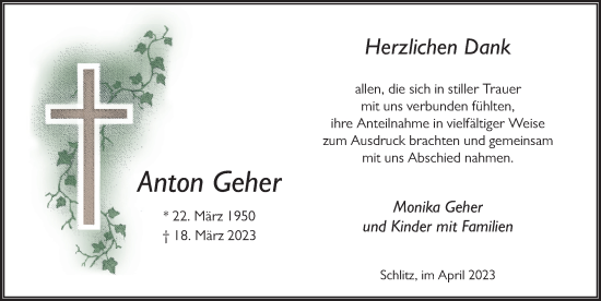Traueranzeige von Anton Geher von FZ