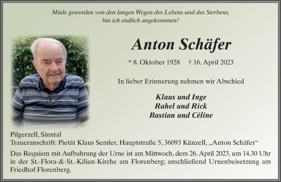 Traueranzeige von Anton Schäfer von FZ
