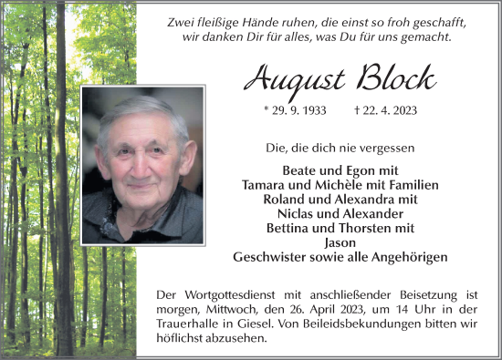 Traueranzeige von August Block von FZ