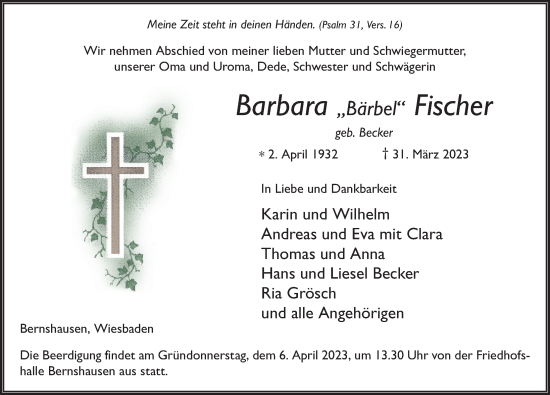 Traueranzeige von Barbara Fischer von FZ